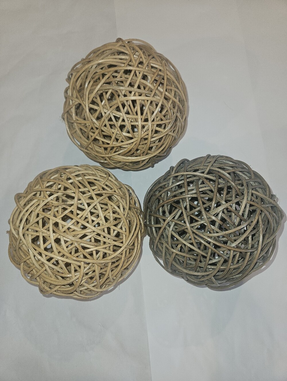 Set Of 3 Large Decorative Wicker Rattan Balls - Natural and Gray-8 Inches